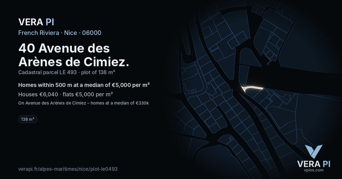 40 Avenue des Arènes de Cimiez, Nice at night – the plot lit, the parcels around coloured by the prices near them