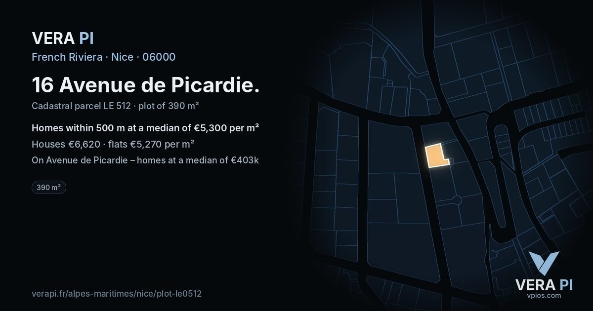16 Avenue de Picardie, Nice at night – the plot lit, the parcels around coloured by the prices near them