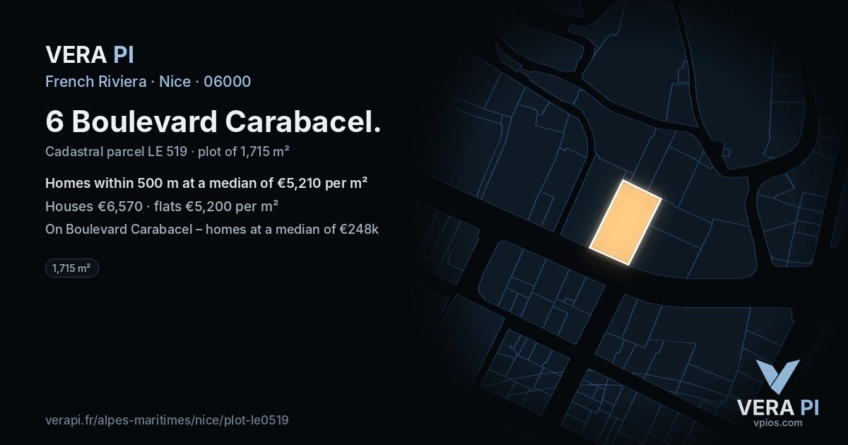 6 Boulevard Carabacel, Nice at night – the plot lit, the parcels around coloured by the prices near them