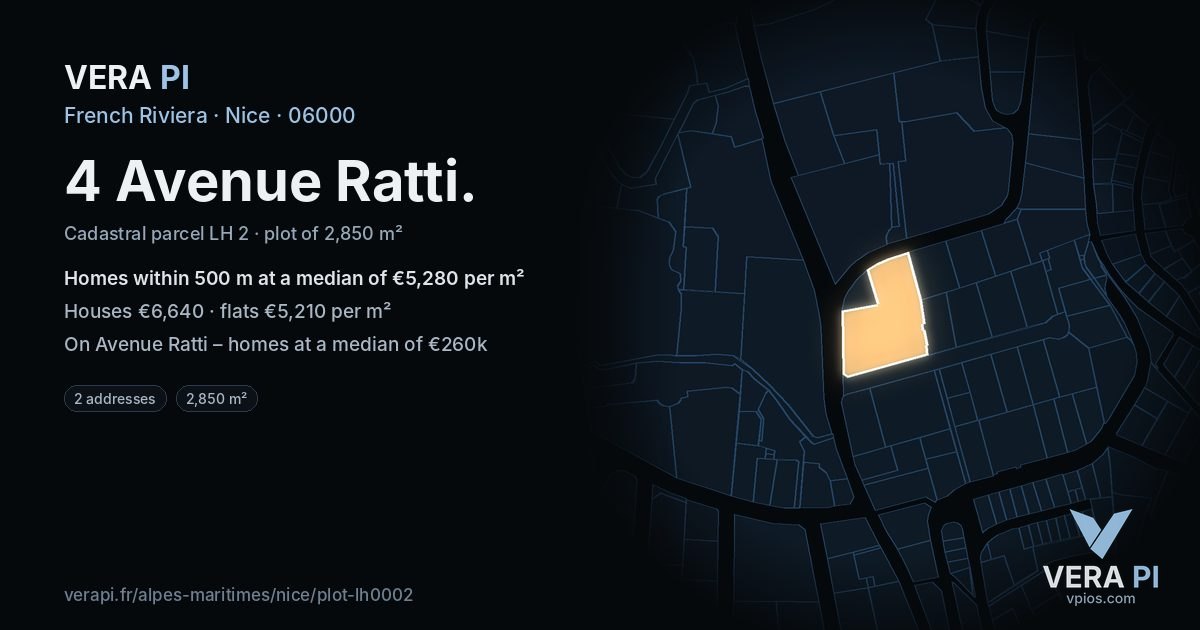 4 Avenue Ratti, Nice at night – the plot lit, the parcels around coloured by the prices near them