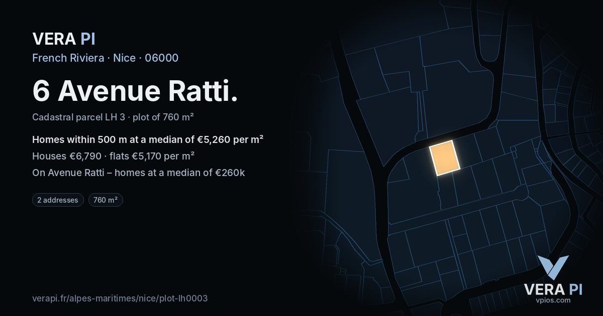 6 Avenue Ratti, Nice at night – the plot lit, the parcels around coloured by the prices near them