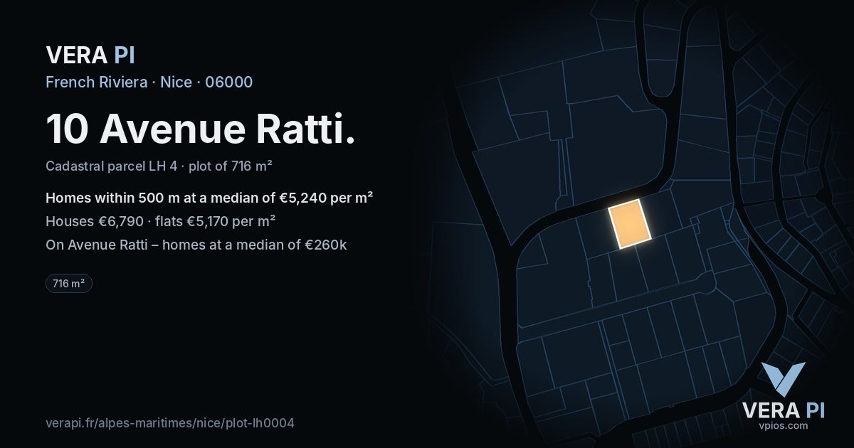 10 Avenue Ratti, Nice at night – the plot lit, the parcels around coloured by the prices near them