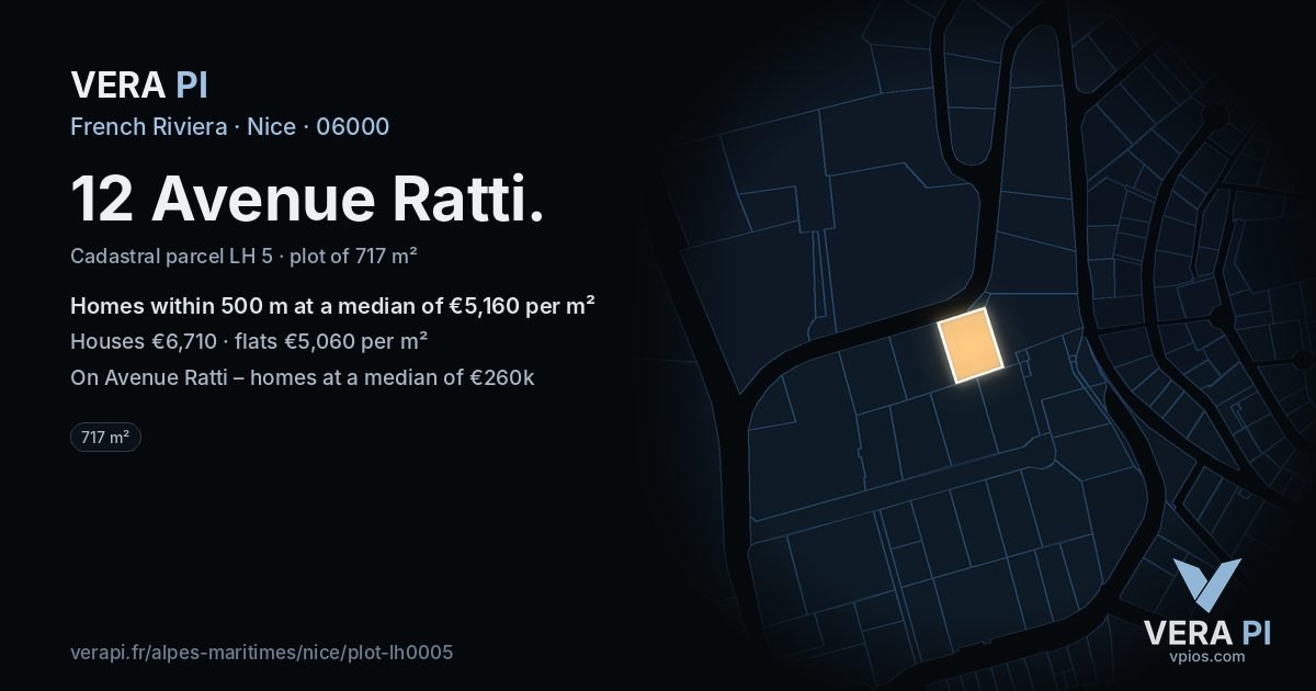 12 Avenue Ratti, Nice at night – the plot lit, the parcels around coloured by the prices near them