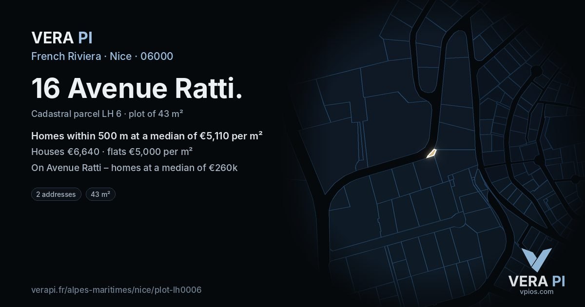 16 Avenue Ratti, Nice at night – the plot lit, the parcels around coloured by the prices near them