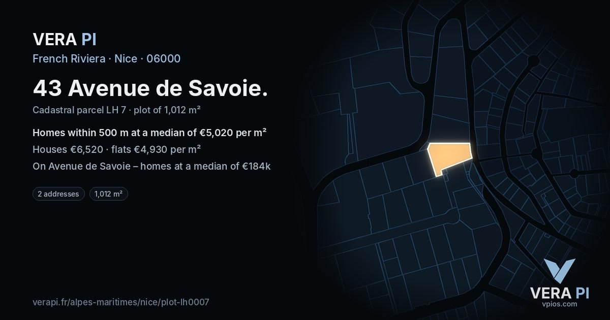 43 Avenue de Savoie, Nice at night – the plot lit, the parcels around coloured by the prices near them