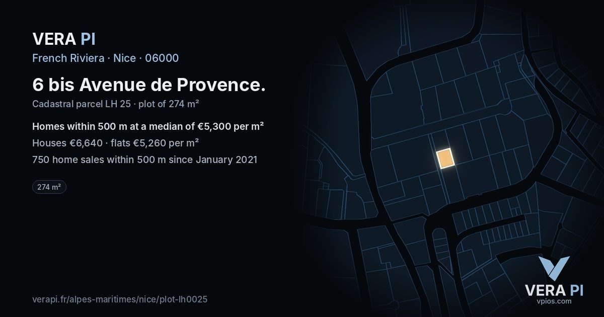 6 bis Avenue de Provence, Nice at night – the plot lit, the parcels around coloured by the prices near them
