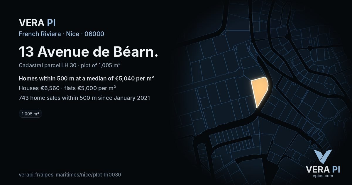 13 Avenue de Béarn, Nice at night – the plot lit, the parcels around coloured by the prices near them