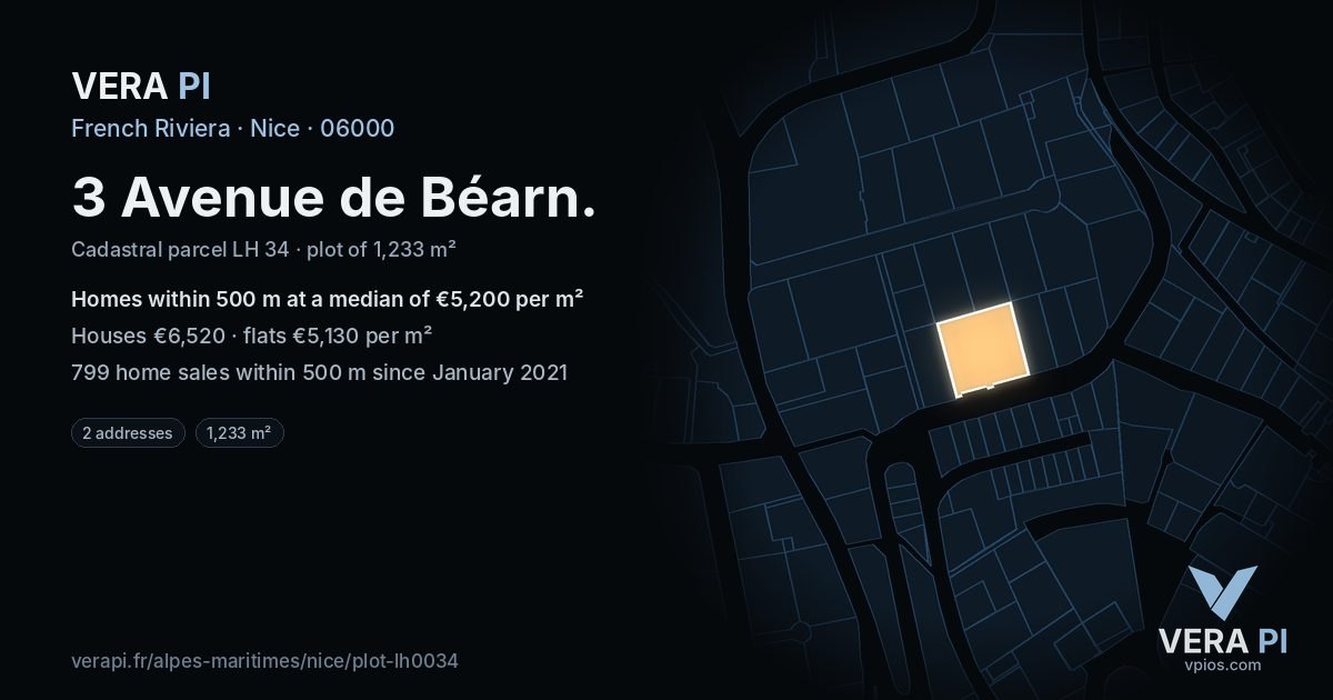 3 Avenue de Béarn, Nice at night – the plot lit, the parcels around coloured by the prices near them