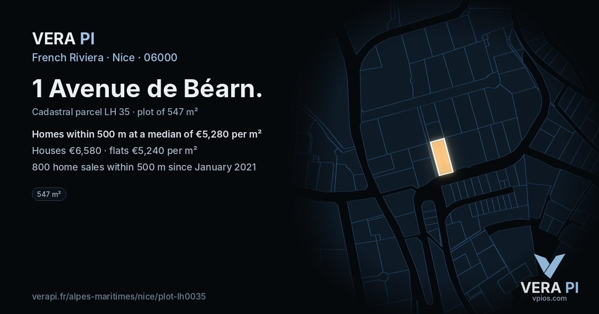 1 Avenue de Béarn, Nice at night – the plot lit, the parcels around coloured by the prices near them