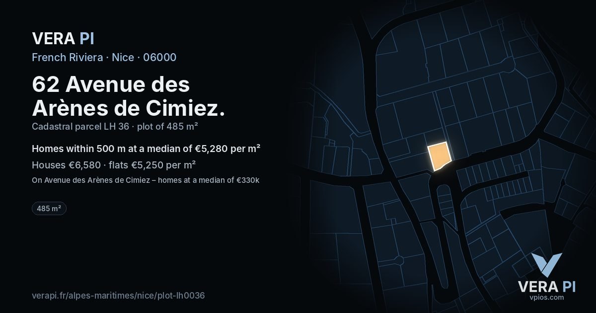 62 Avenue des Arènes de Cimiez, Nice at night – the plot lit, the parcels around coloured by the prices near them