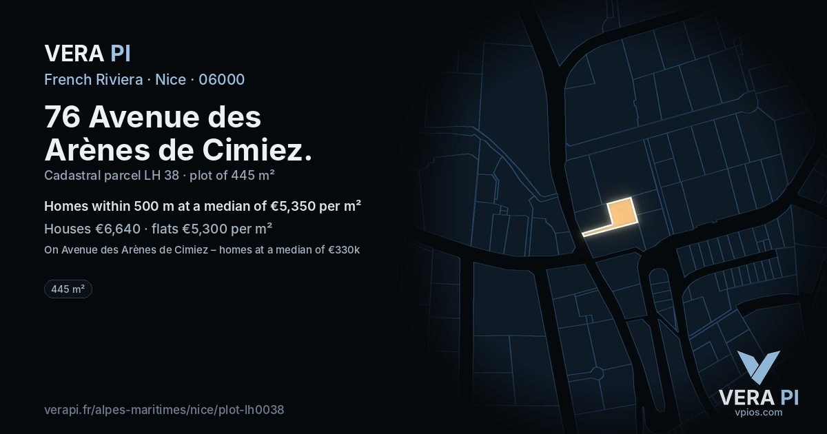 76 Avenue des Arènes de Cimiez, Nice at night – the plot lit, the parcels around coloured by the prices near them