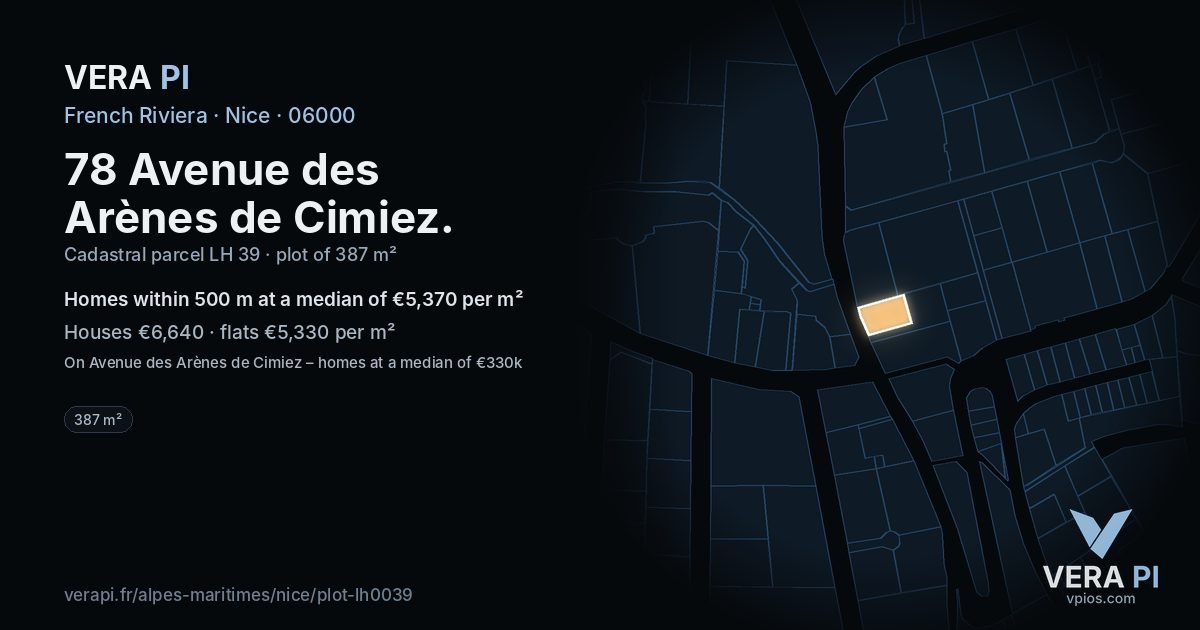 78 Avenue des Arènes de Cimiez, Nice at night – the plot lit, the parcels around coloured by the prices near them