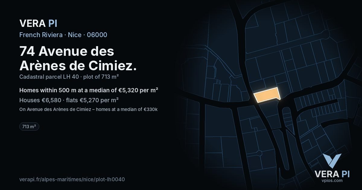 74 Avenue des Arènes de Cimiez, Nice at night – the plot lit, the parcels around coloured by the prices near them