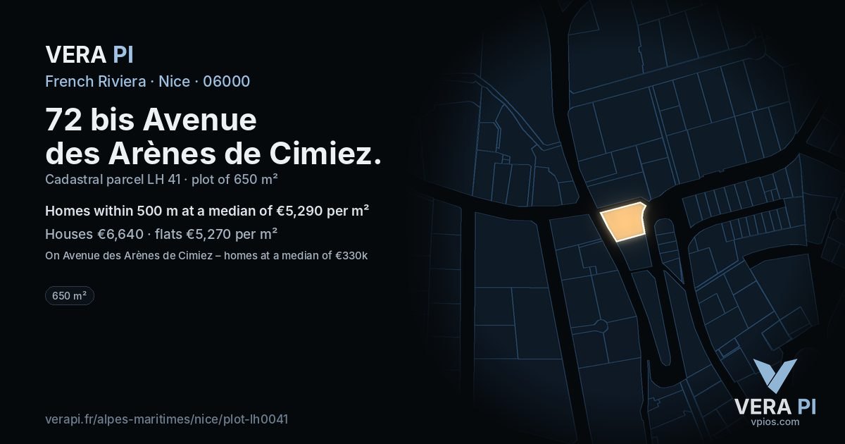 72 bis Avenue des Arènes de Cimiez, Nice at night – the plot lit, the parcels around coloured by the prices near them