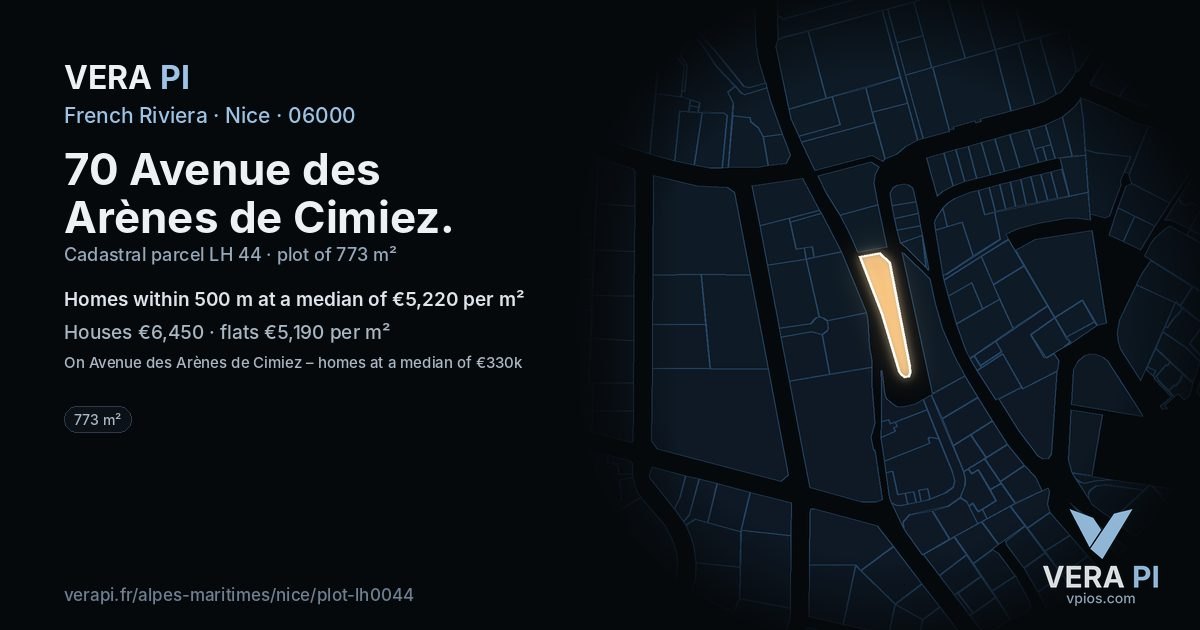 70 Avenue des Arènes de Cimiez, Nice at night – the plot lit, the parcels around coloured by the prices near them