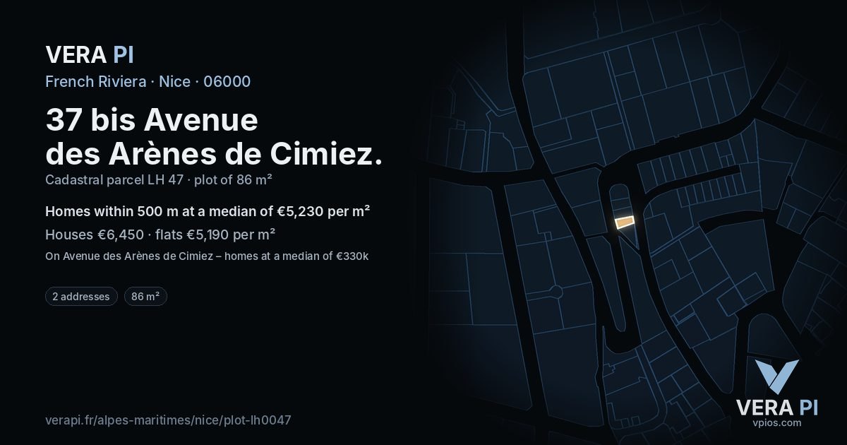 37 bis Avenue des Arènes de Cimiez, Nice at night – the plot lit, the parcels around coloured by the prices near them