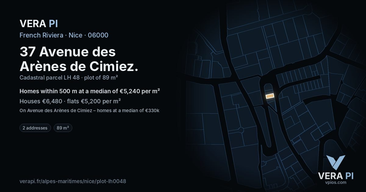 37 Avenue des Arènes de Cimiez, Nice at night – the plot lit, the parcels around coloured by the prices near them
