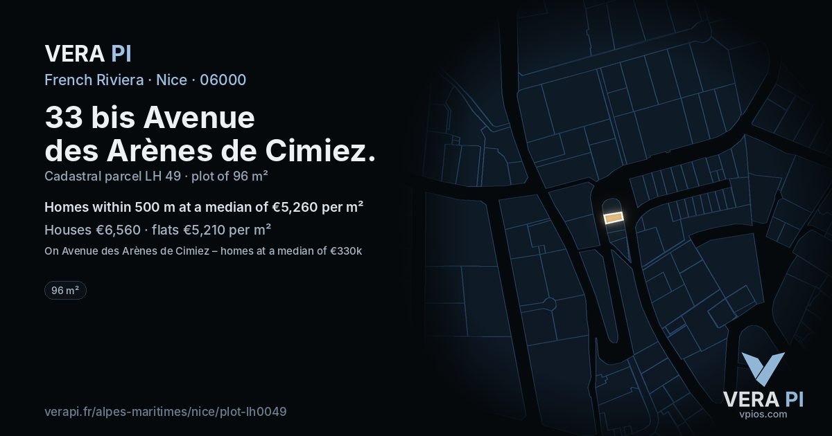 33 bis Avenue des Arènes de Cimiez, Nice at night – the plot lit, the parcels around coloured by the prices near them