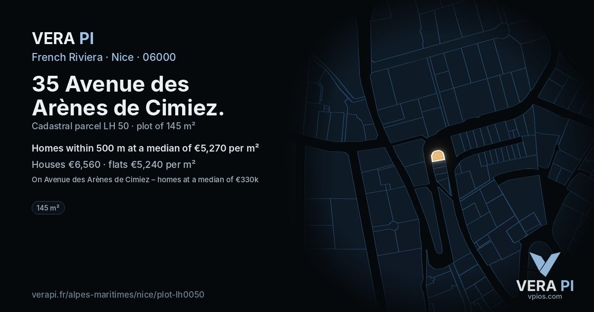 35 Avenue des Arènes de Cimiez, Nice at night – the plot lit, the parcels around coloured by the prices near them