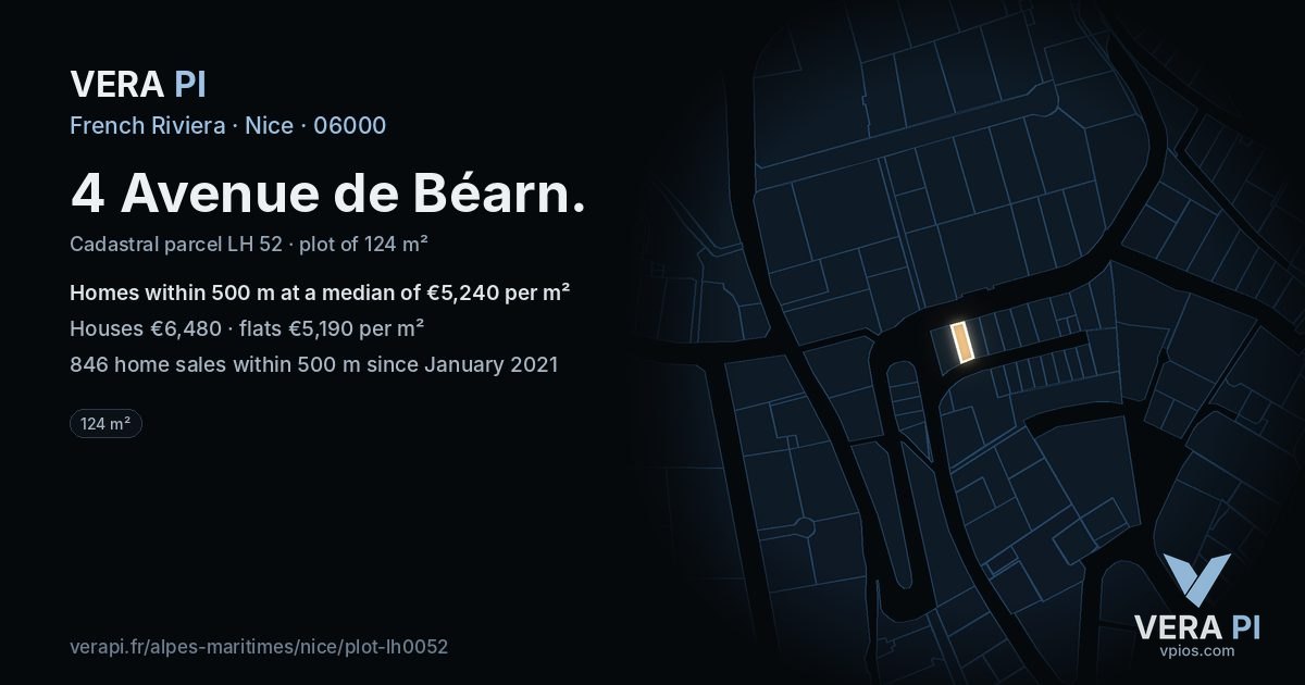 4 Avenue de Béarn, Nice at night – the plot lit, the parcels around coloured by the prices near them