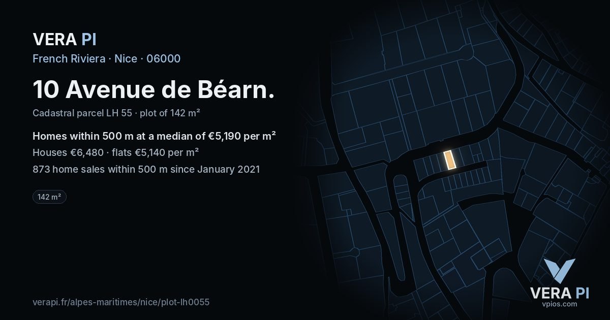 10 Avenue de Béarn, Nice at night – the plot lit, the parcels around coloured by the prices near them