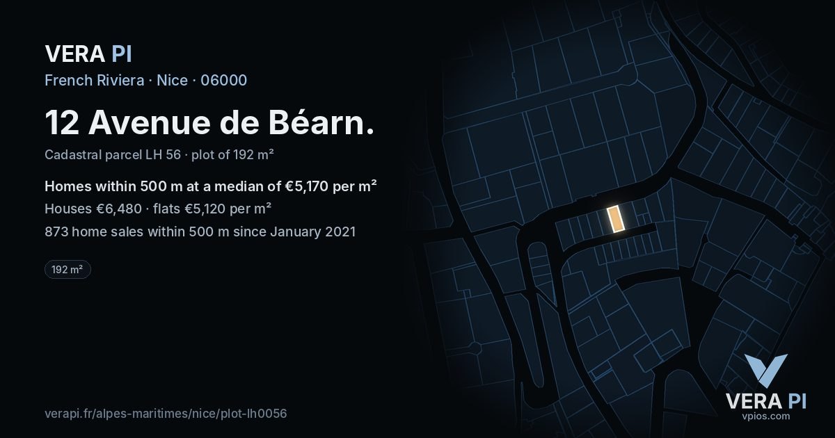 12 Avenue de Béarn, Nice at night – the plot lit, the parcels around coloured by the prices near them