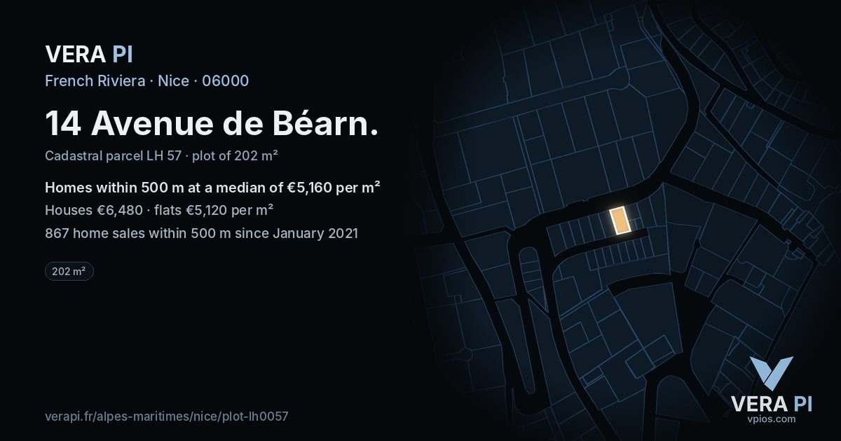 14 Avenue de Béarn, Nice at night – the plot lit, the parcels around coloured by the prices near them