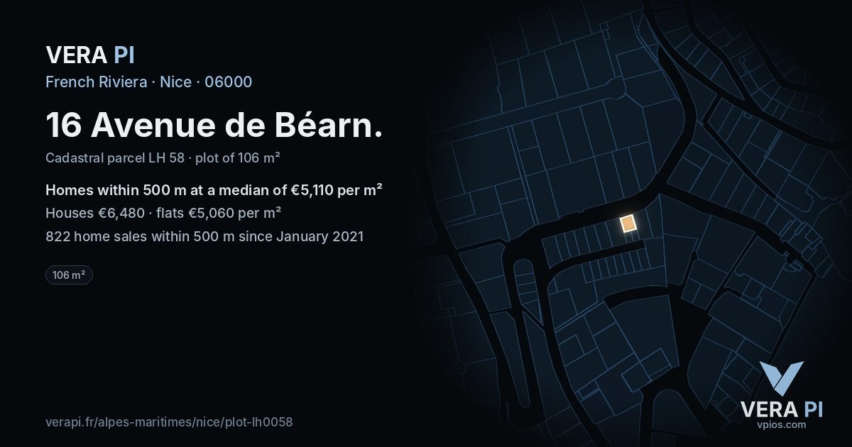 16 Avenue de Béarn, Nice at night – the plot lit, the parcels around coloured by the prices near them