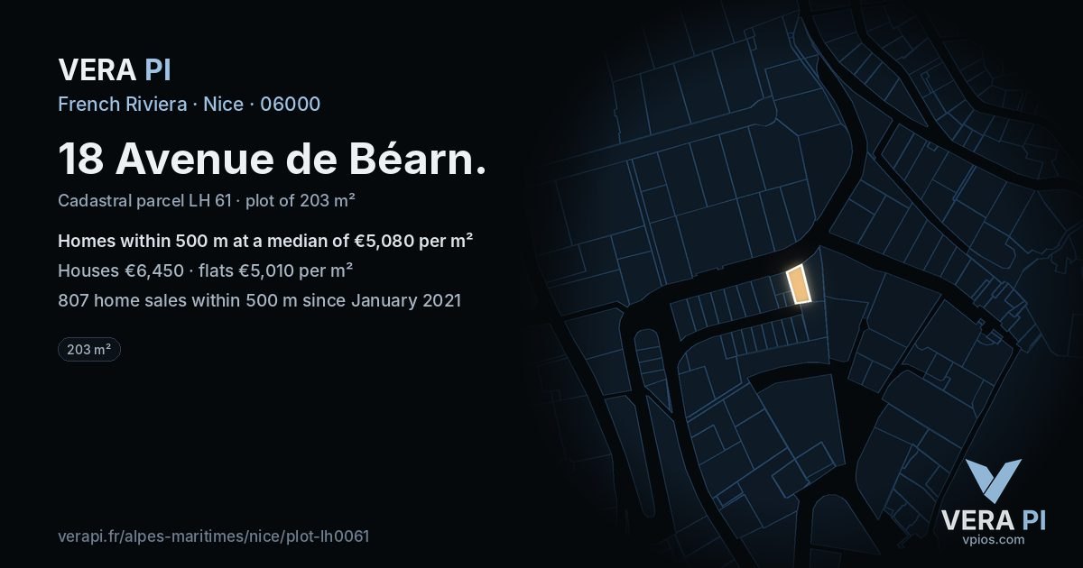 18 Avenue de Béarn, Nice at night – the plot lit, the parcels around coloured by the prices near them
