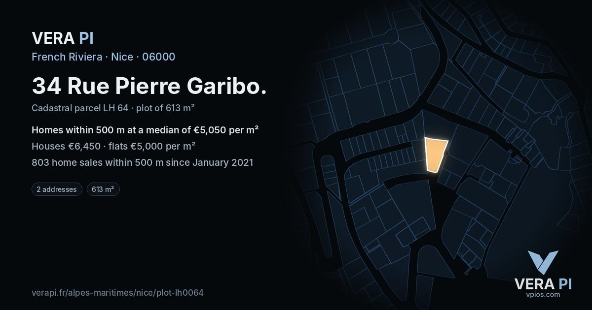 34 Rue Pierre Garibo, Nice at night – the plot lit, the parcels around coloured by the prices near them