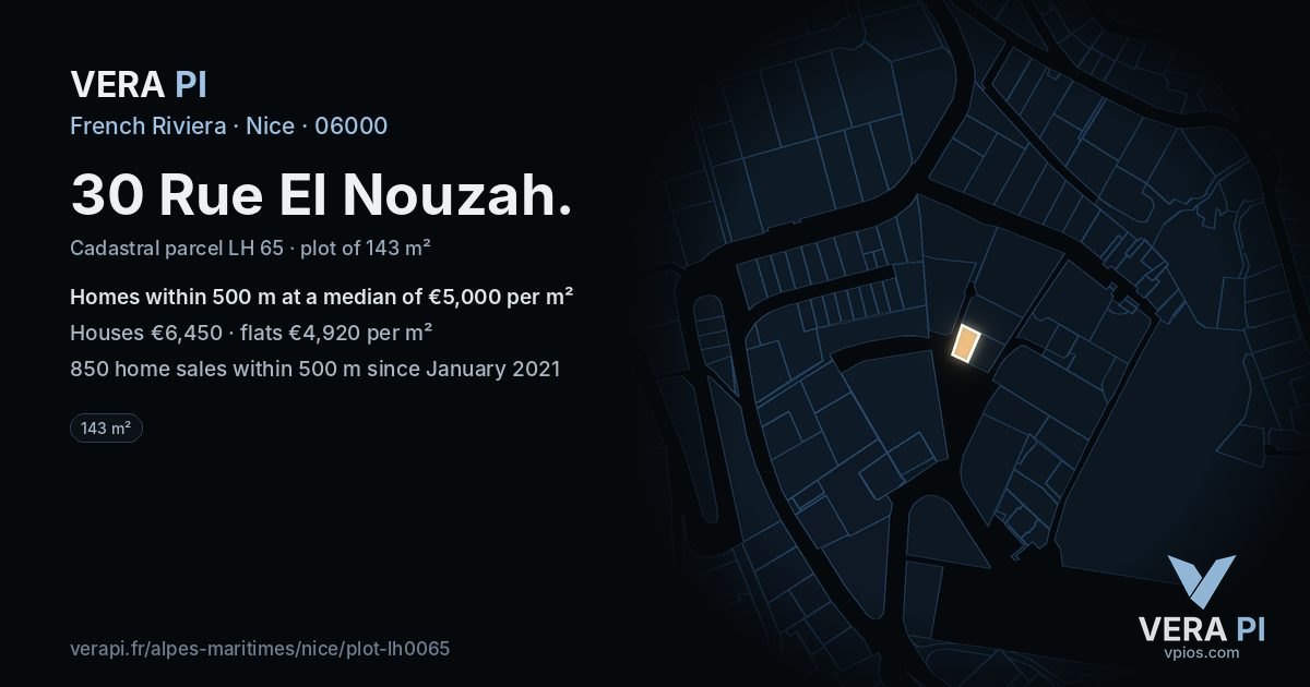 30 Rue El Nouzah, Nice at night – the plot lit, the parcels around coloured by the prices near them