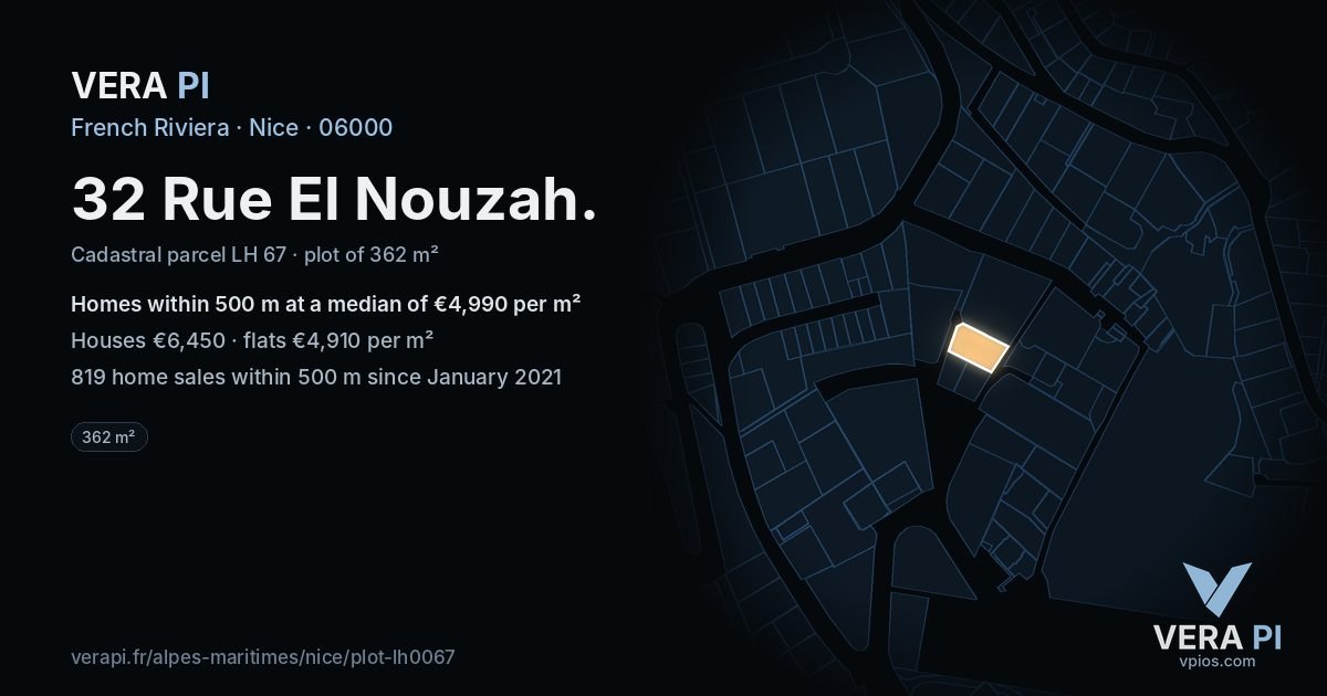 32 Rue El Nouzah, Nice at night – the plot lit, the parcels around coloured by the prices near them