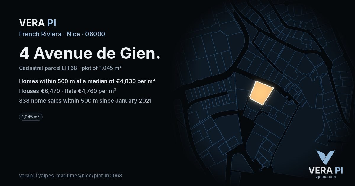 4 Avenue de Gien, Nice at night – the plot lit, the parcels around coloured by the prices near them