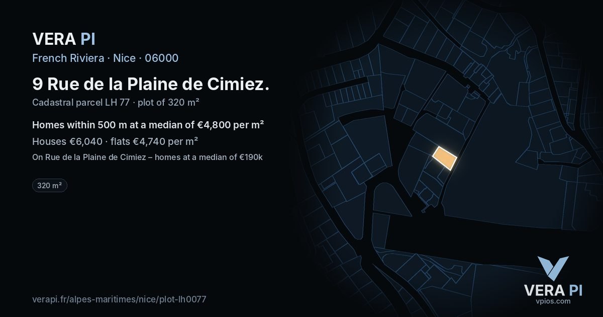 9 Rue de la Plaine de Cimiez, Nice at night – the plot lit, the parcels around coloured by the prices near them