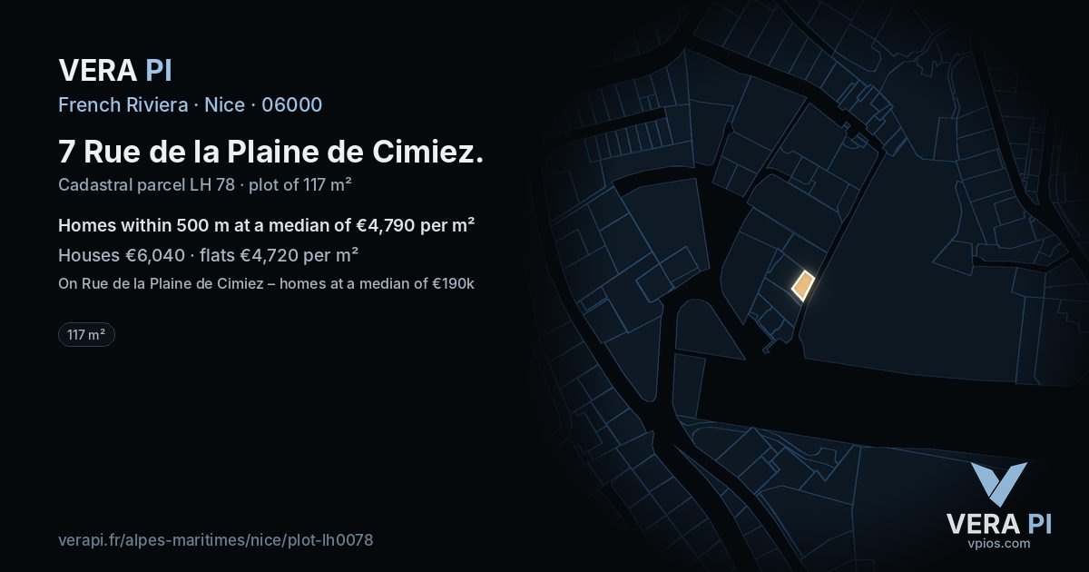 7 Rue de la Plaine de Cimiez, Nice at night – the plot lit, the parcels around coloured by the prices near them