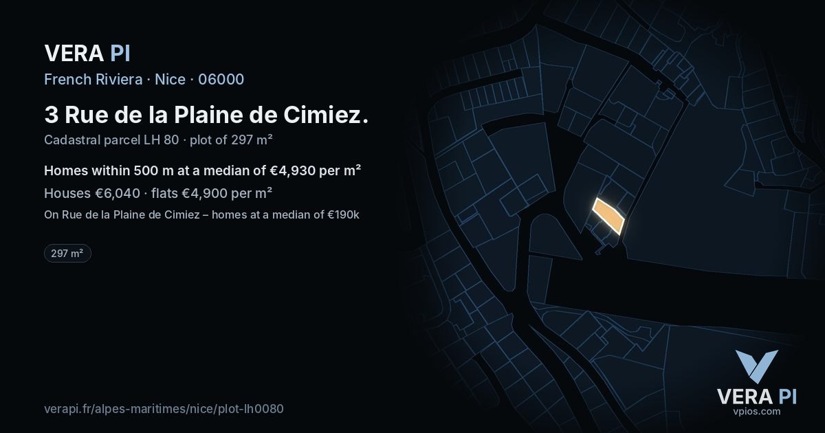3 Rue de la Plaine de Cimiez, Nice at night – the plot lit, the parcels around coloured by the prices near them