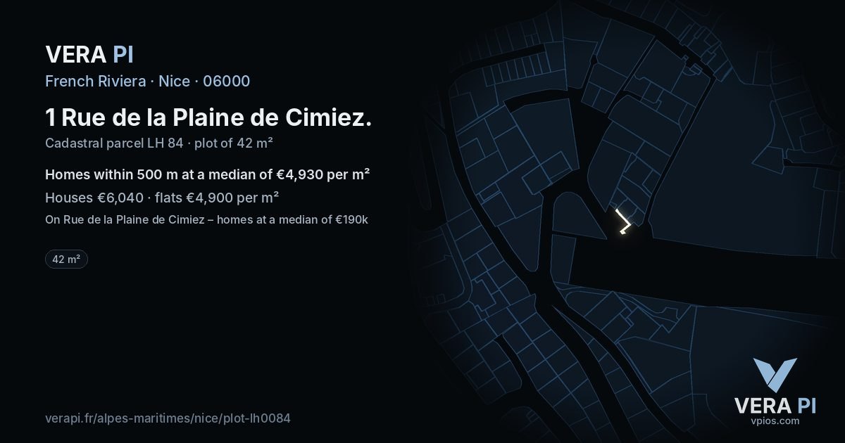 1 Rue de la Plaine de Cimiez, Nice at night – the plot lit, the parcels around coloured by the prices near them