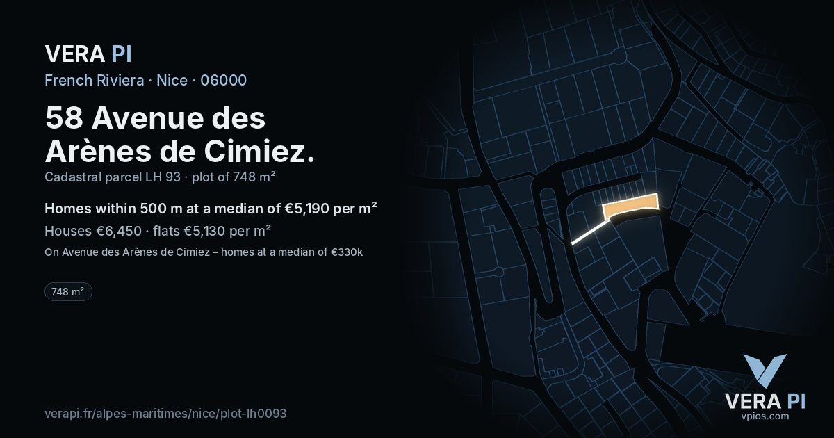 58 Avenue des Arènes de Cimiez, Nice at night – the plot lit, the parcels around coloured by the prices near them