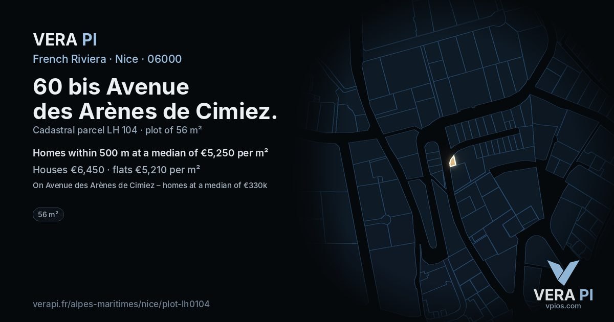 60 bis Avenue des Arènes de Cimiez, Nice at night – the plot lit, the parcels around coloured by the prices near them