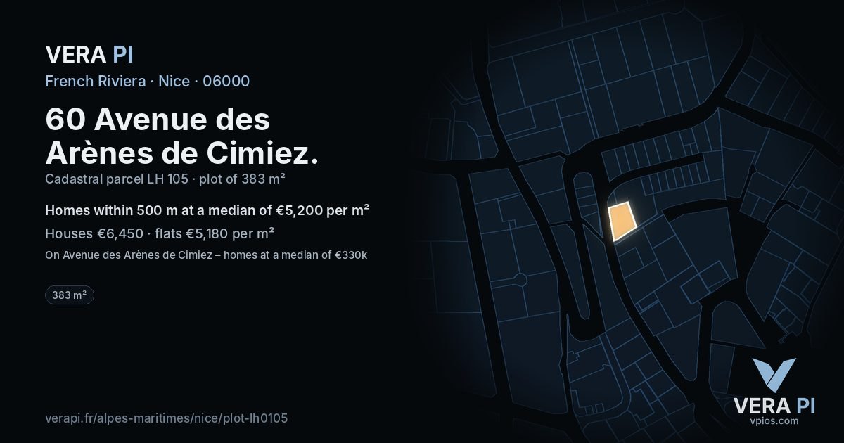 60 Avenue des Arènes de Cimiez, Nice at night – the plot lit, the parcels around coloured by the prices near them