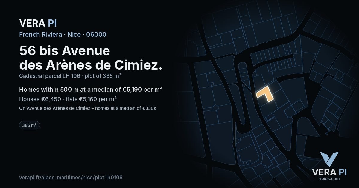 56 bis Avenue des Arènes de Cimiez, Nice at night – the plot lit, the parcels around coloured by the prices near them