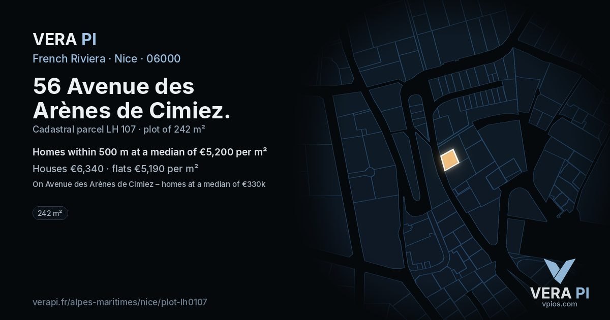 56 Avenue des Arènes de Cimiez, Nice at night – the plot lit, the parcels around coloured by the prices near them