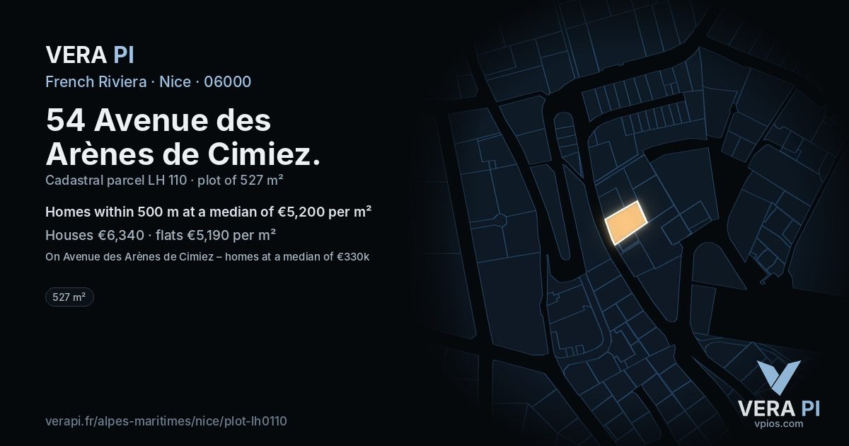54 Avenue des Arènes de Cimiez, Nice at night – the plot lit, the parcels around coloured by the prices near them