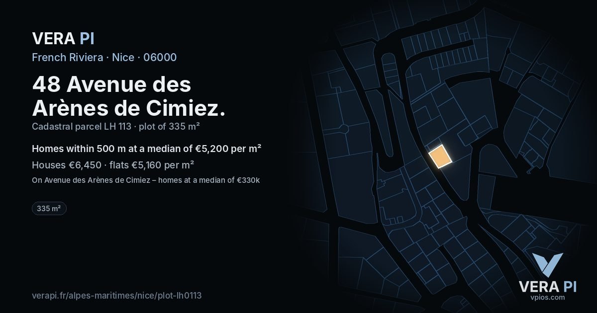 48 Avenue des Arènes de Cimiez, Nice at night – the plot lit, the parcels around coloured by the prices near them