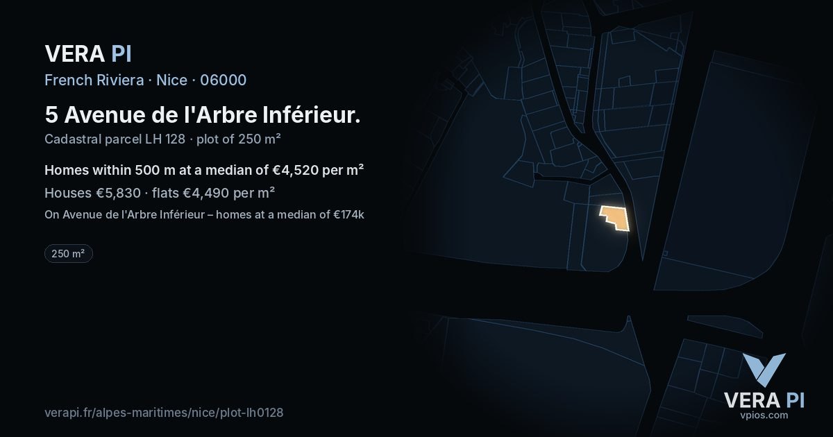 5 Avenue de l'Arbre Inférieur, Nice at night – the plot lit, the parcels around coloured by the prices near them