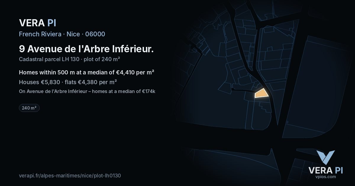 9 Avenue de l'Arbre Inférieur, Nice at night – the plot lit, the parcels around coloured by the prices near them