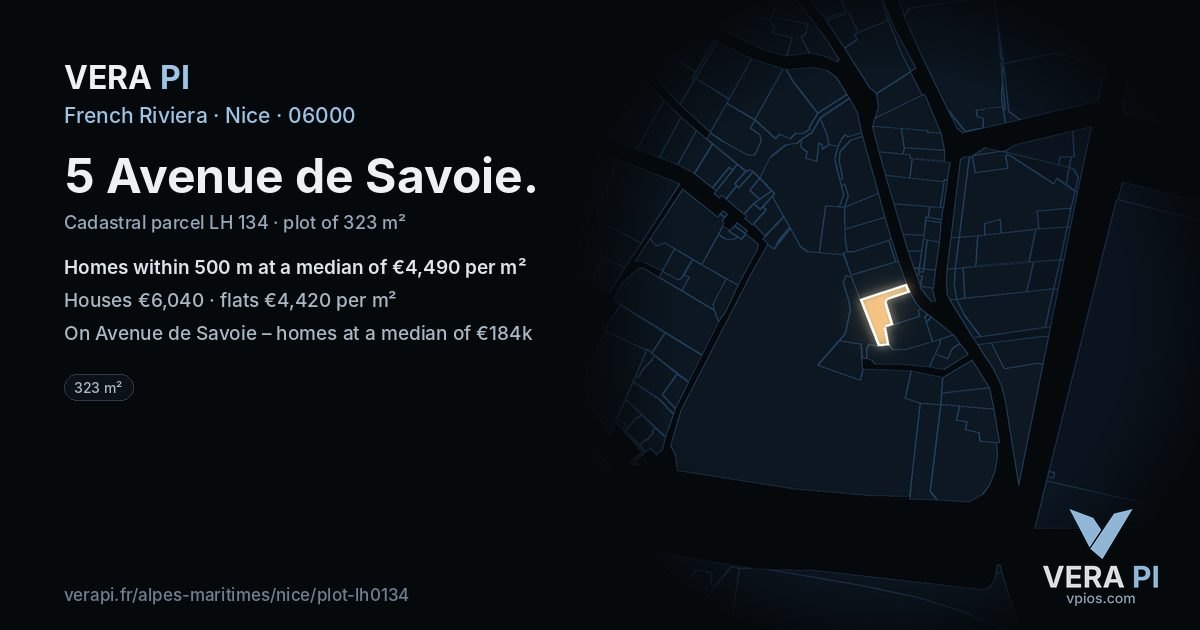 5 Avenue de Savoie, Nice at night – the plot lit, the parcels around coloured by the prices near them