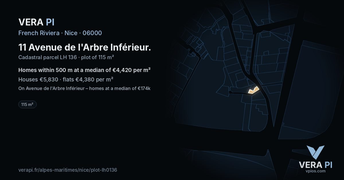11 Avenue de l'Arbre Inférieur, Nice at night – the plot lit, the parcels around coloured by the prices near them