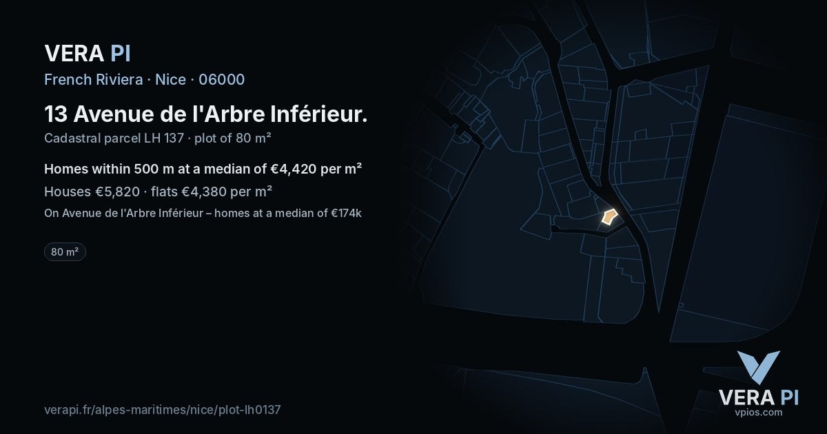 13 Avenue de l'Arbre Inférieur, Nice at night – the plot lit, the parcels around coloured by the prices near them