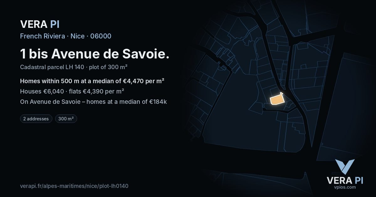 1 bis Avenue de Savoie, Nice at night – the plot lit, the parcels around coloured by the prices near them